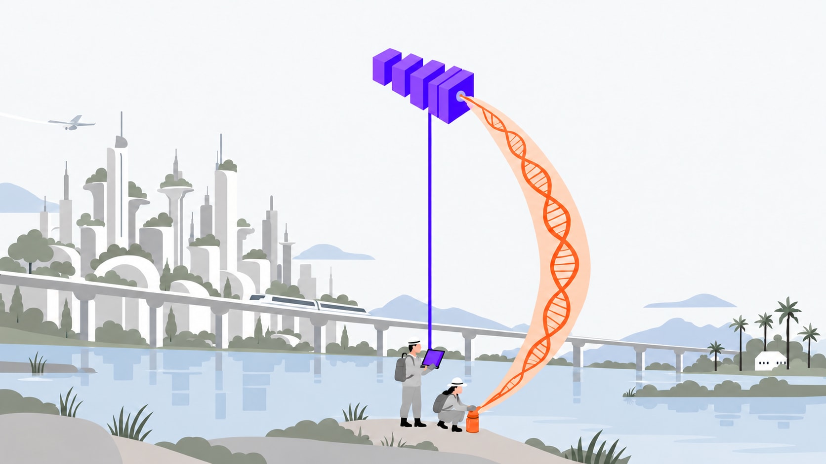A soft-toned solarpunk city of green-topped towers and a maglev viaduct beside a river. Two field researchers stand on the bank: one holds a tablet linked by a straight purple line to a row of purple model blocks floating overhead, and the other crouches over an orange sample jar, from which an orange DNA helix arcs up to the model.