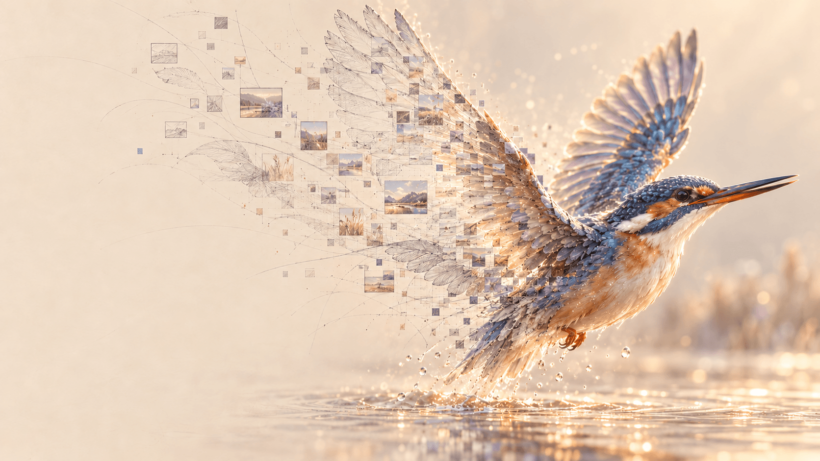 A kingfisher lifting off a still water surface at dawn, its outstretched wing dissolving into a grid of small landscape image tiles and faint sketch lines