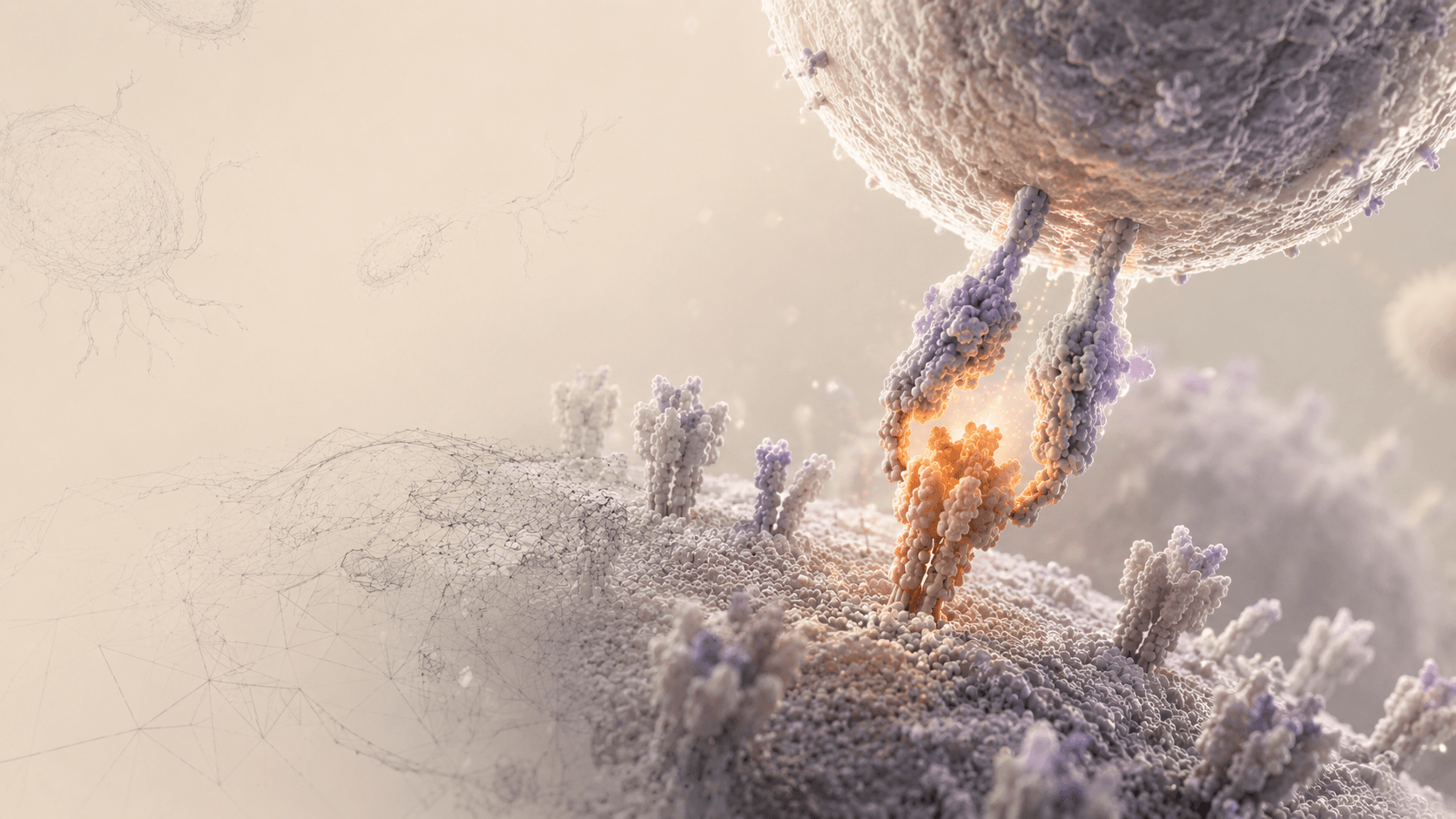 A T cell reaching down to the surface of another cell, its receptor gripping a peptide held in an MHC molecule that glows orange at the point of contact