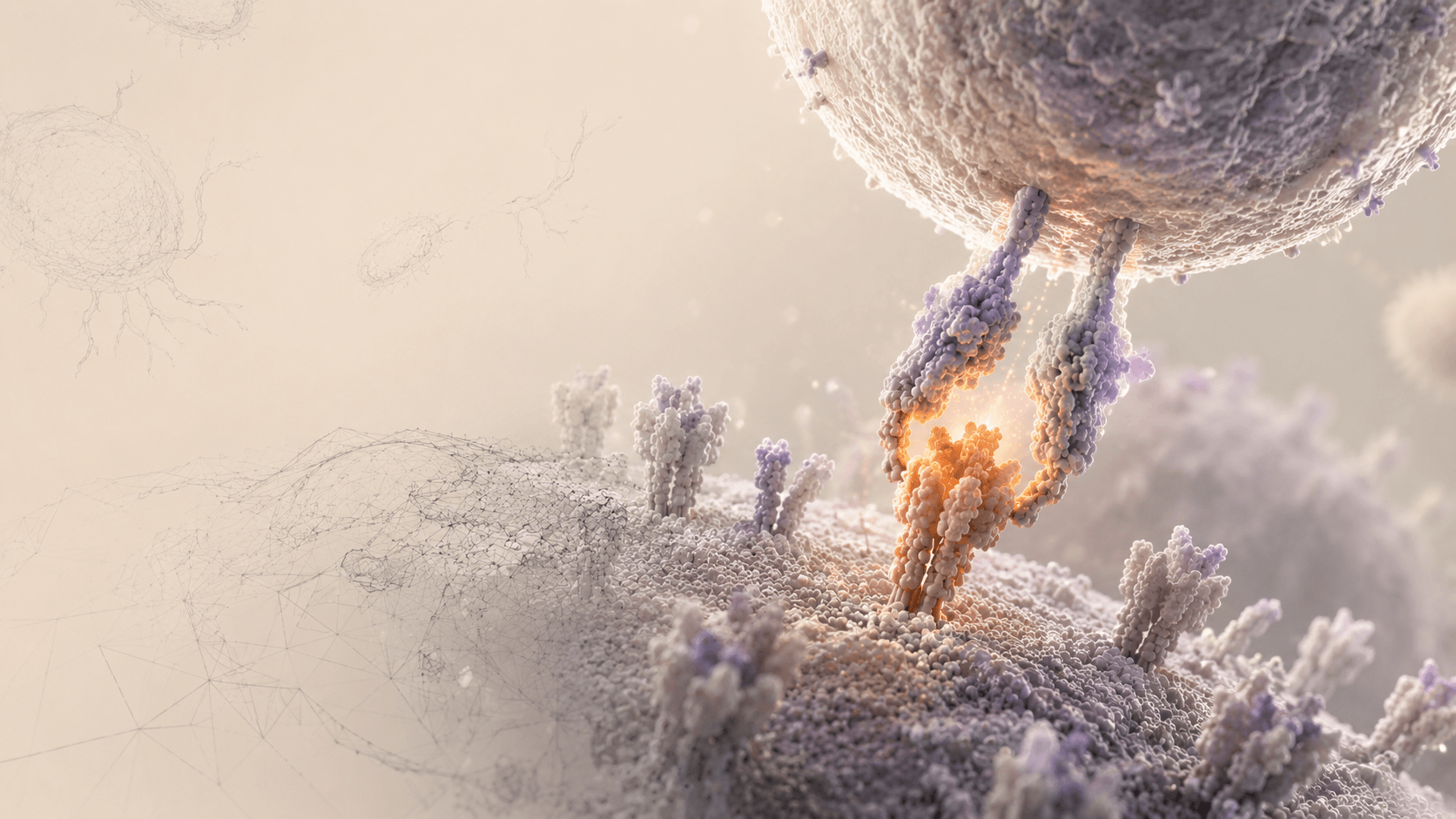 A T cell reaching down to the surface of another cell, its receptor gripping a peptide held in an MHC molecule that glows orange at the point of contact