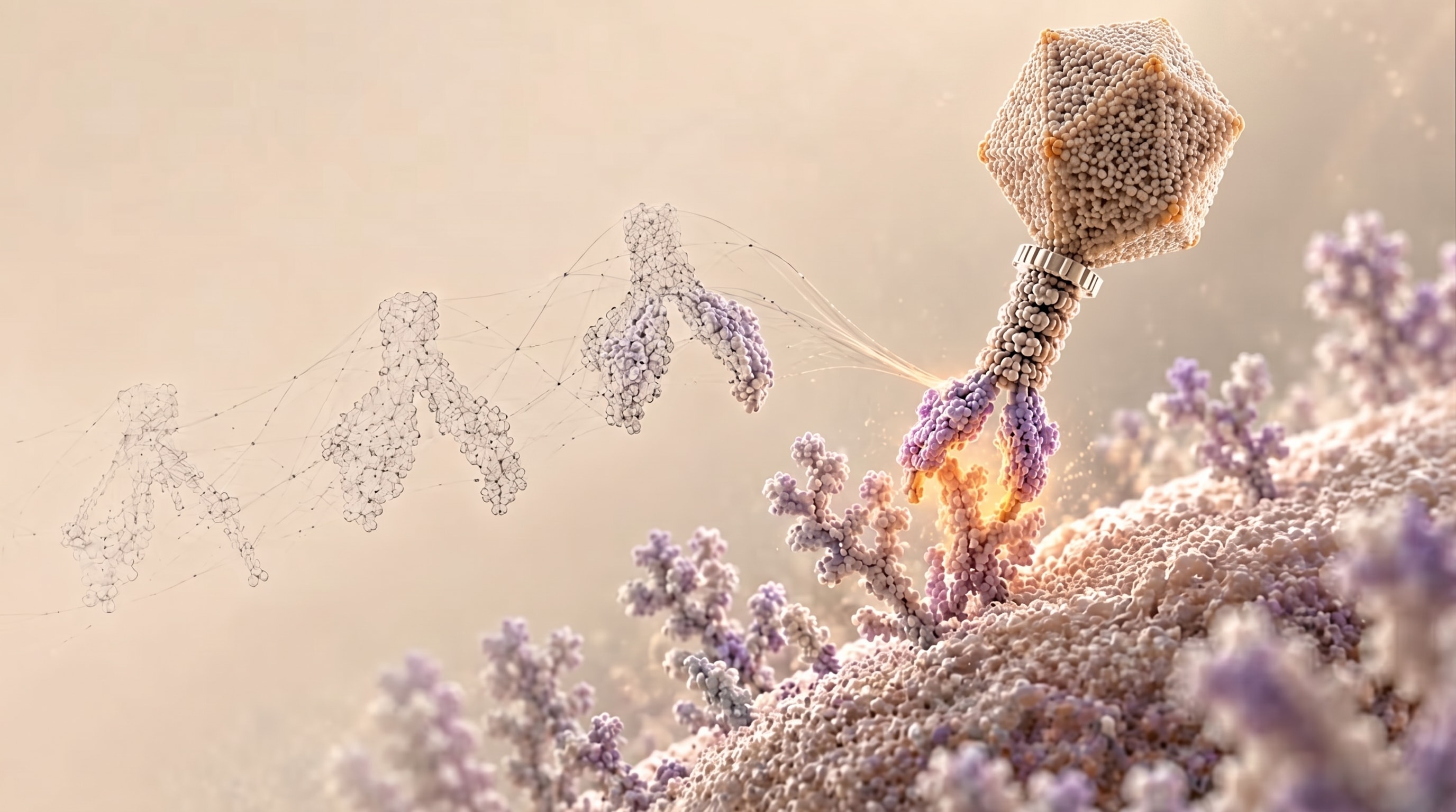 Illustration of a bacteriophage attaching to a bacterial surface, with wireframe phages transitioning into a rendered phage.