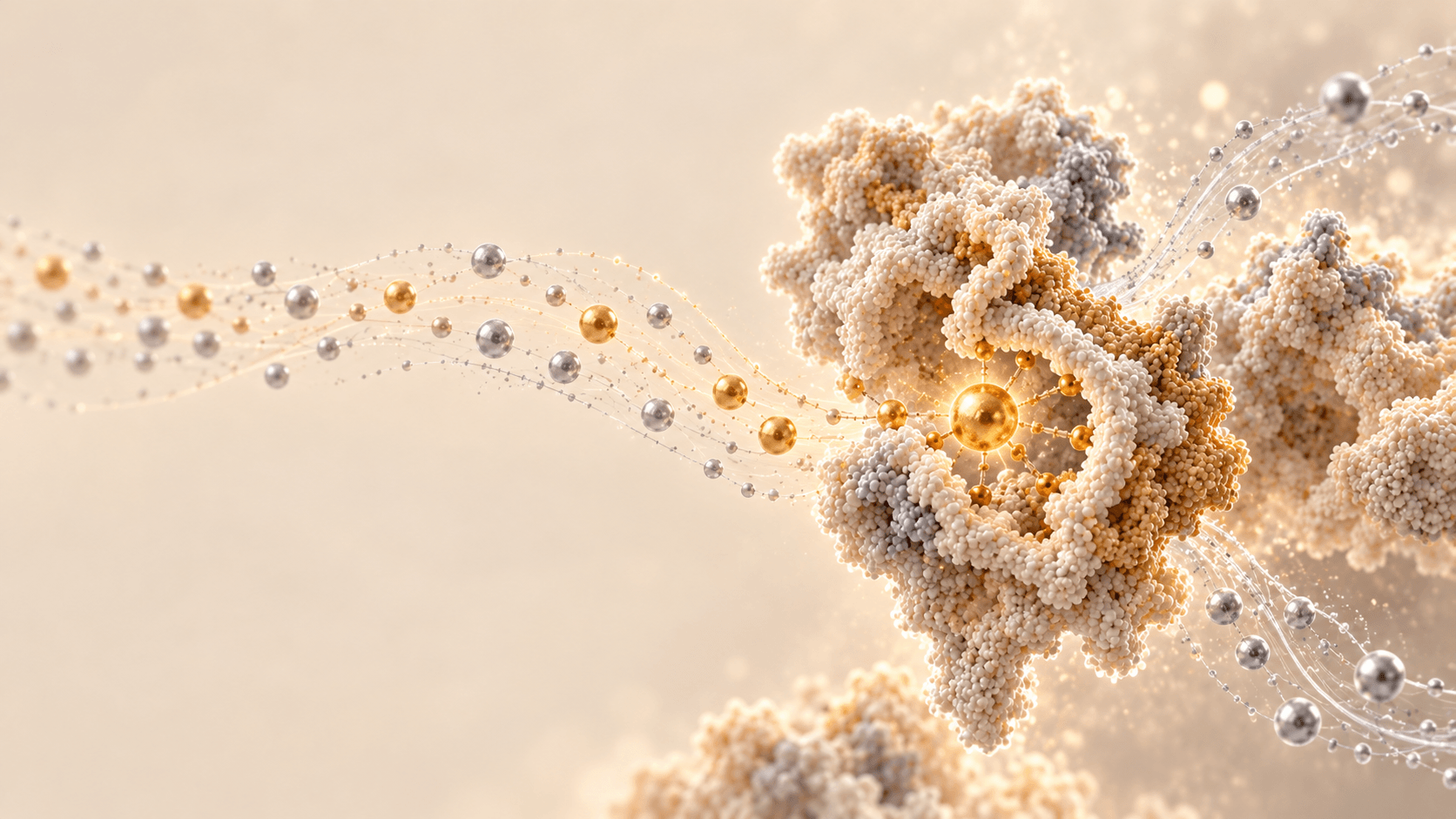 A stream of gold and silver metal ions drifting along fine threads into a protein, which has closed around a single glowing gold ion at its center and let the rest pass