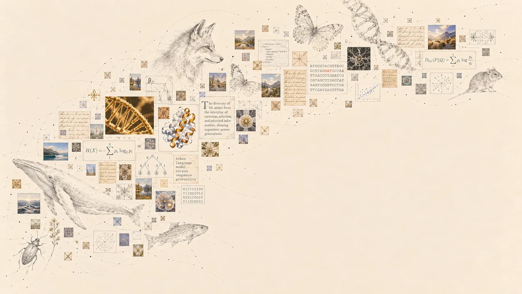A data mixture mosaic of text snippets, code, equations, DNA sequences, images and more, drawn as a collage across a cream page