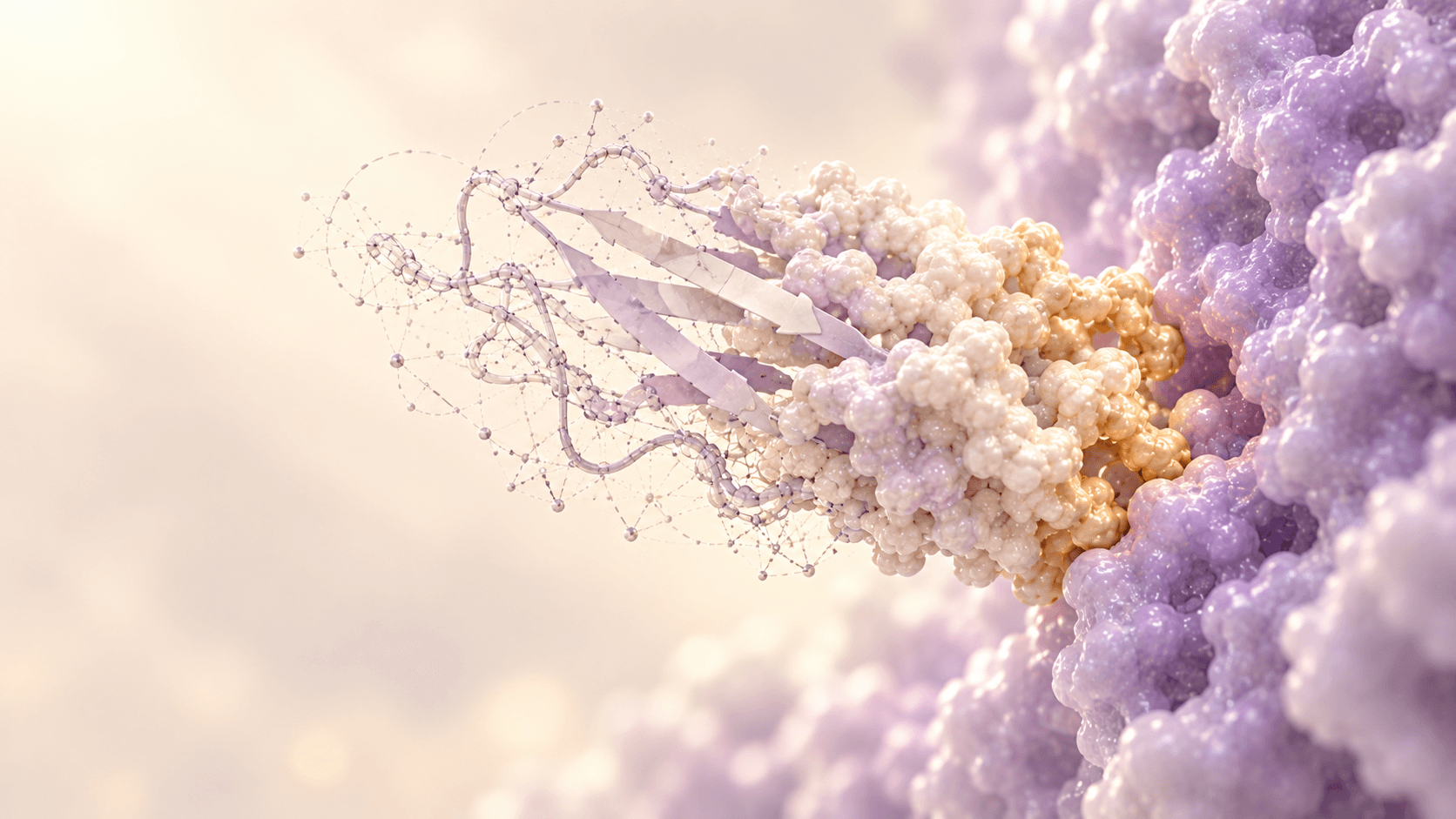 A binder resolving from a wireframe ribbon into pearl and lavender beads, docked against a lavender protein surface with the contact point glowing gold