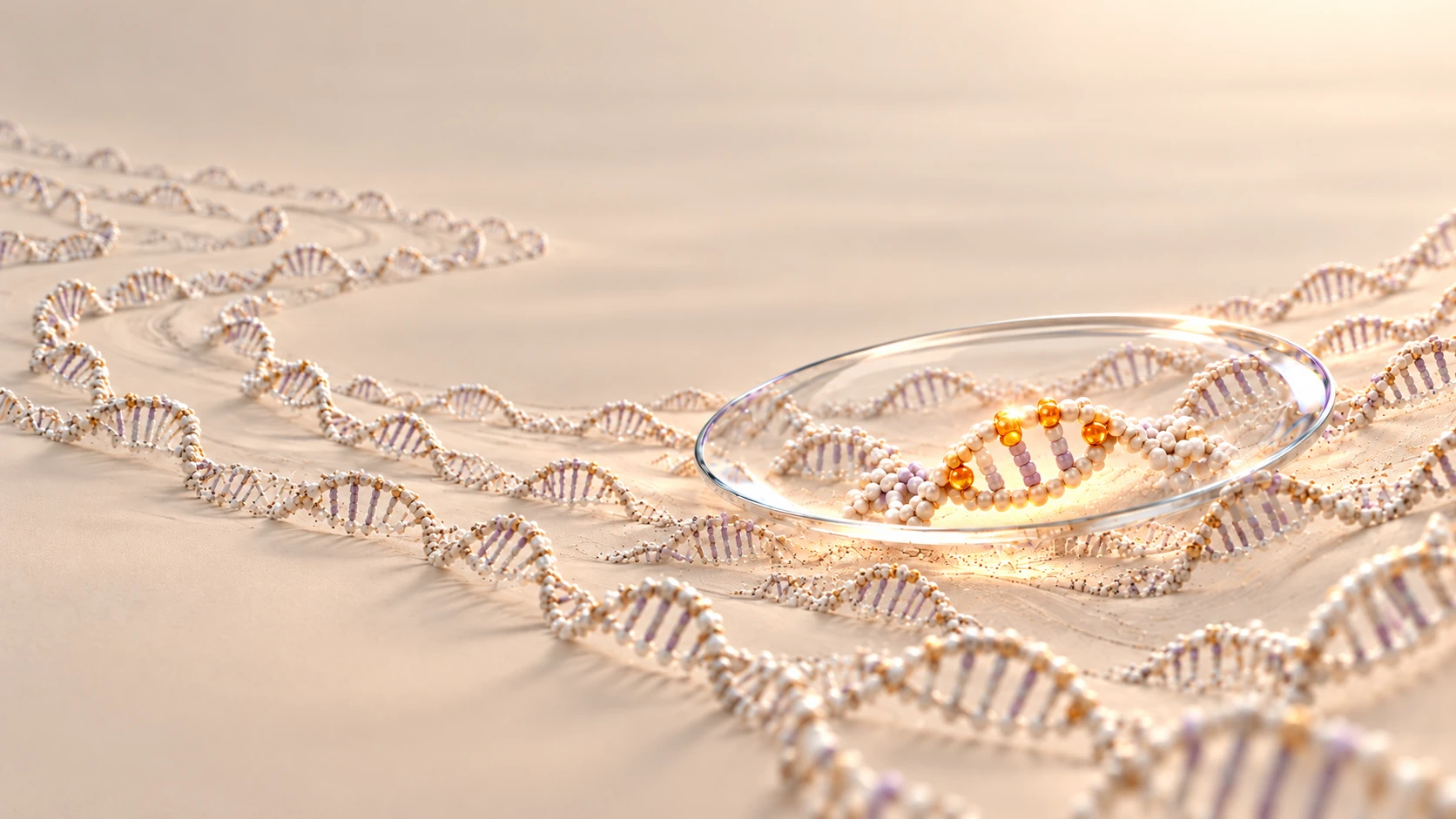 Strands of DNA drifting across a pale surface, one helix with gold-marked bases magnified under a glass lens