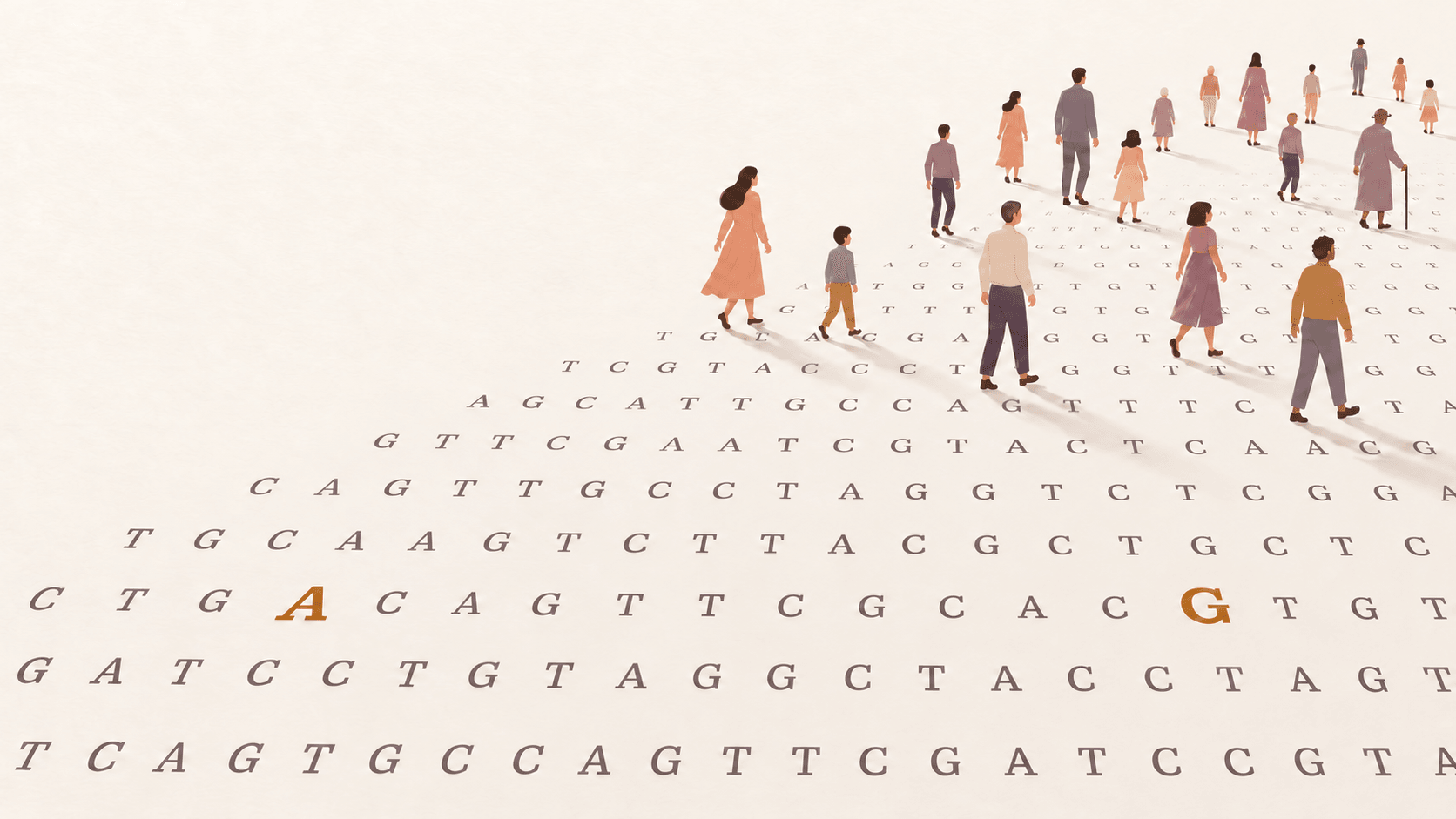 Illustrated people walking across rows of DNA letters, with two highlighted bases in the foreground